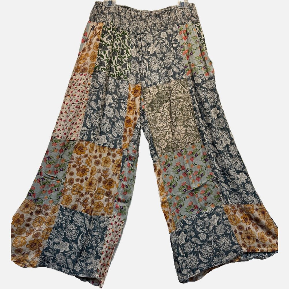 Nwt SACRED THREADS patch hippie rayon wide leg smocked waist PANTS 1X